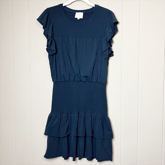 Sundays Ridley Dress Small Navy Blue stretch jersey knit ruffle flutter sleeve - Picture 2 of 10